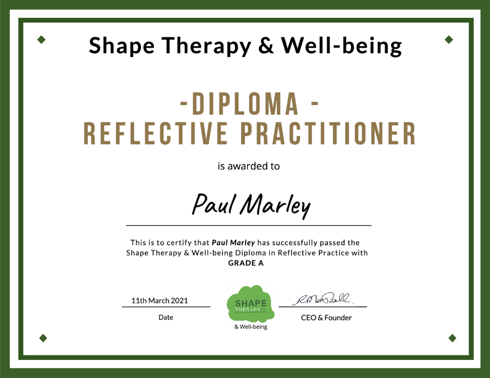 Paul Marley Diploma Certificate